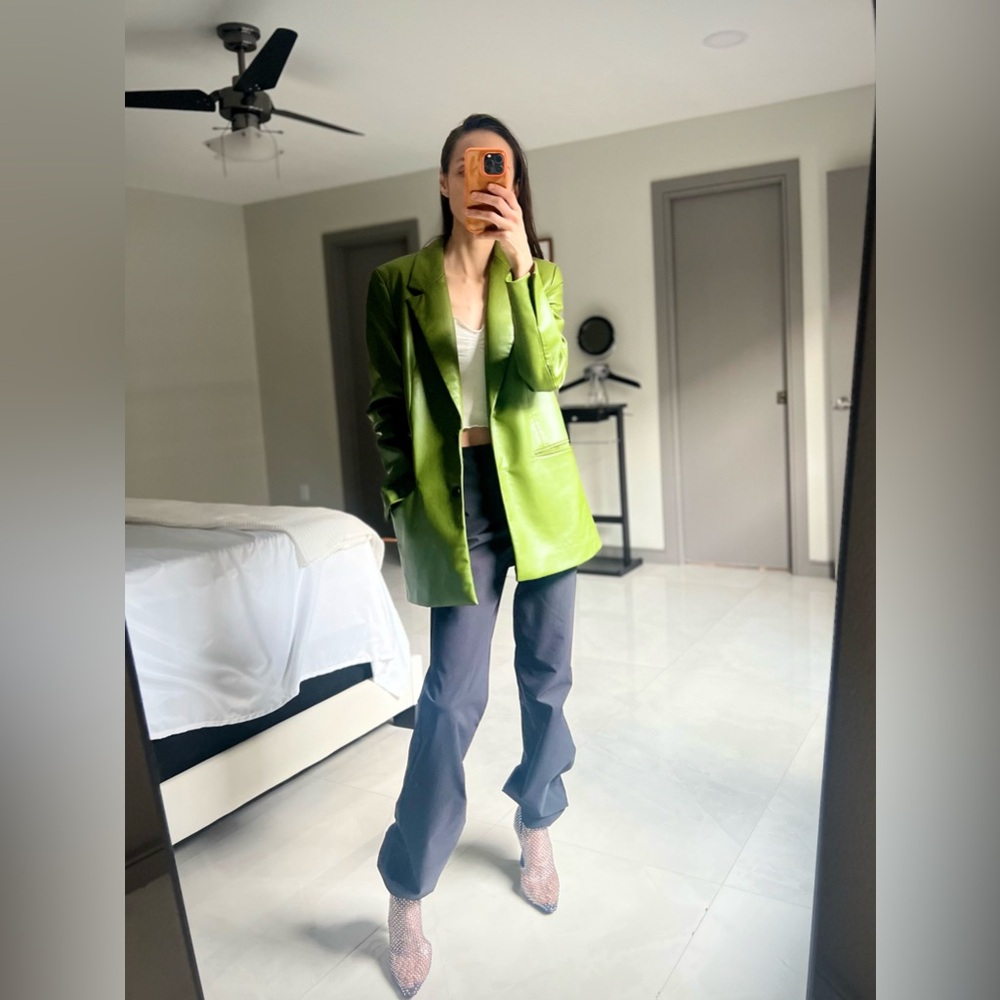 Zara Oversized Faux Leather Green Blazer Notched Lapels Relaxed Fit Size XS